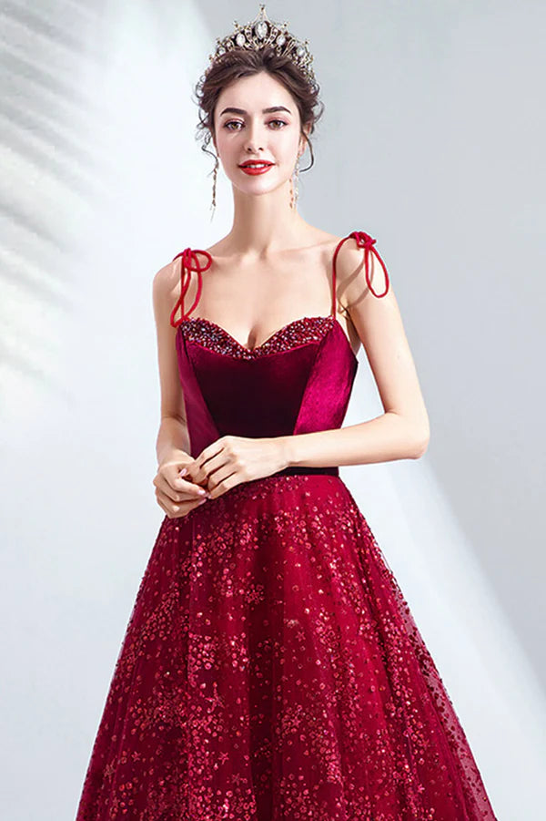 Elegant Spaghetti Strap Long Prom Dress Velvet and Tulle Formal Dress with Sequins