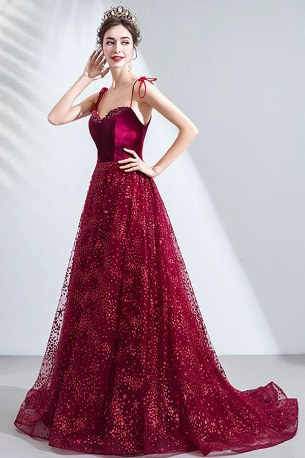 Elegant Spaghetti Strap Long Prom Dress Velvet and Tulle Formal Dress with Sequins