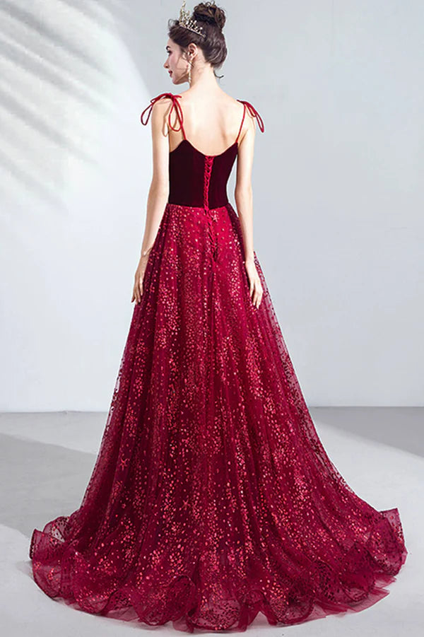 Elegant Spaghetti Strap Long Prom Dress Velvet and Tulle Formal Dress with Sequins
