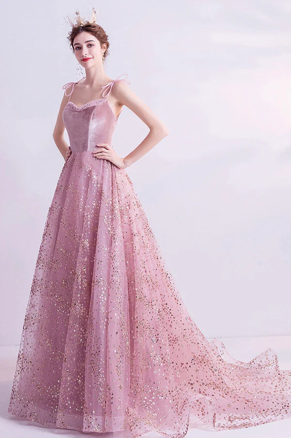 Elegant Spaghetti Strap Long Prom Dress Velvet and Tulle Formal Dress with Sequins