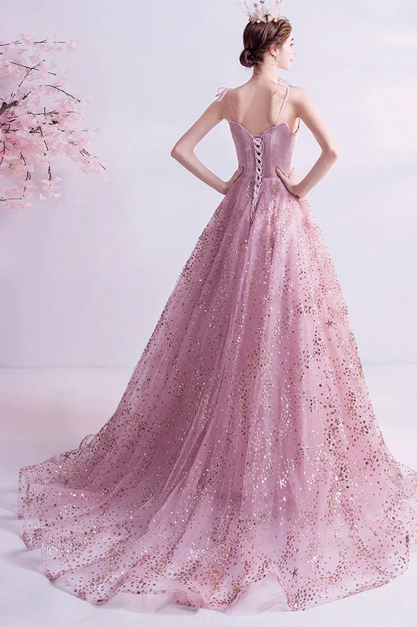 Elegant Spaghetti Strap Long Prom Dress Velvet and Tulle Formal Dress with Sequins