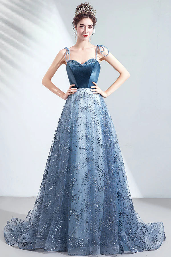 Elegant Spaghetti Strap Long Prom Dress Velvet and Tulle Formal Dress with Sequins
