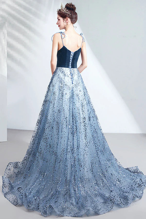 Elegant Spaghetti Strap Long Prom Dress Velvet and Tulle Formal Dress with Sequins
