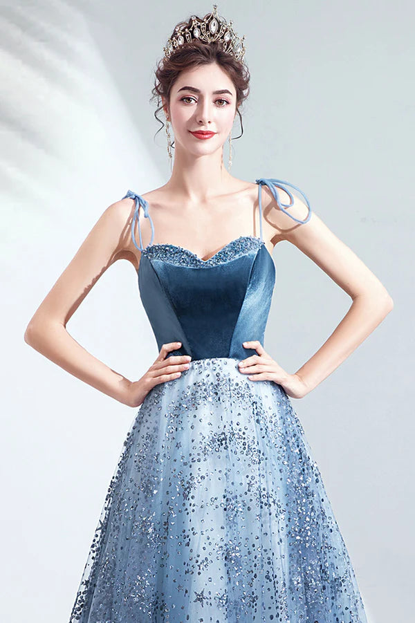 Elegant Spaghetti Strap Long Prom Dress Velvet and Tulle Formal Dress with Sequins