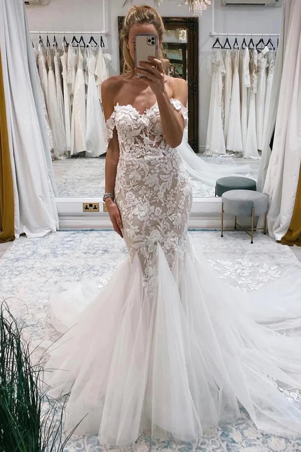 Buyishang Ivory Off the Shoulder Long Lace Mermaid Wedding Dress