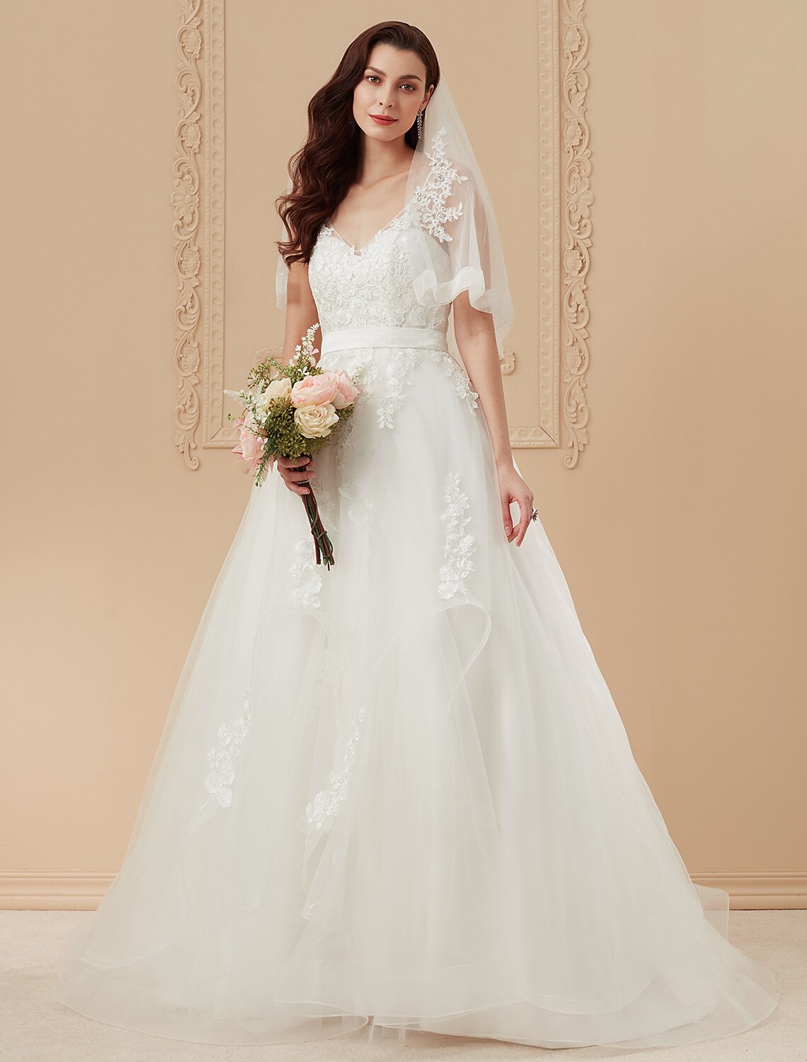Ball Gown Wedding Dresses V Neck Sweep / Brush Train Satin Tulle Over Lace Spaghetti Strap