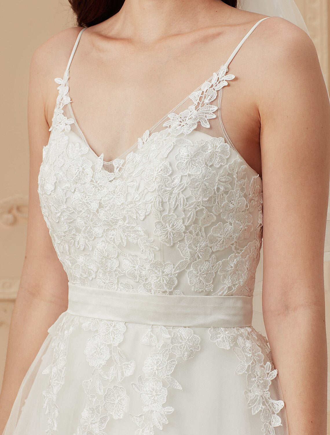 Ball Gown Wedding Dresses V Neck Sweep / Brush Train Satin Tulle Over Lace Spaghetti Strap