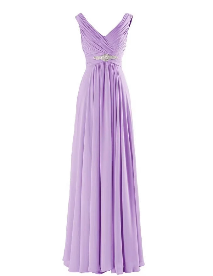 Buyishang A Line Chiffon V Neck Crystals Elegant Floor Length Bridesmaid Dresses Wedding Party Evening Prom Homecoming Birthday Zipper