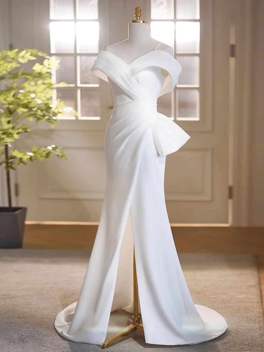 Buyishang White Off Shoulder Satin Long Prom Dress White Formal Dress
