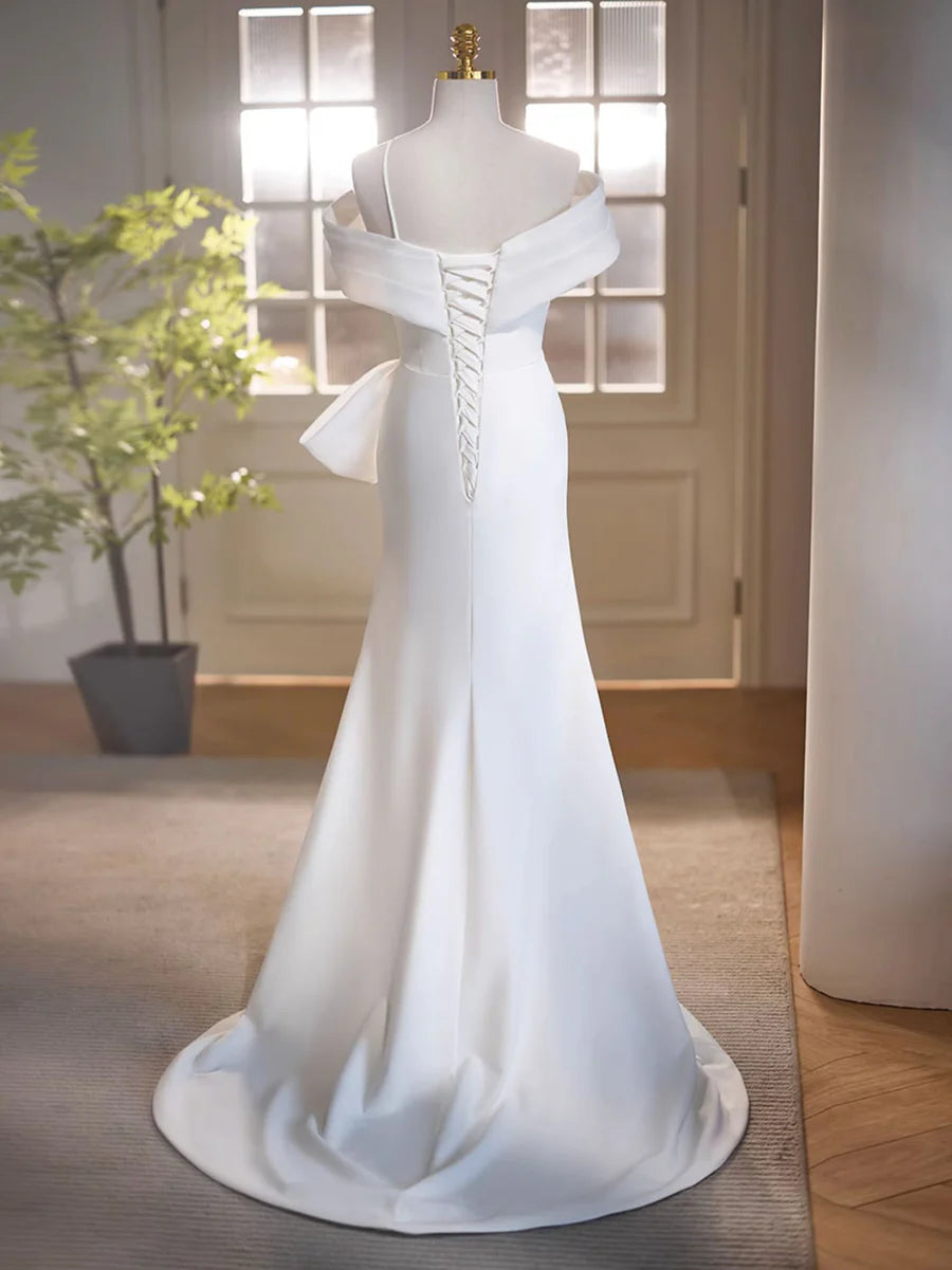 Buyishang White Off Shoulder Satin Long Prom Dress White Formal Dress