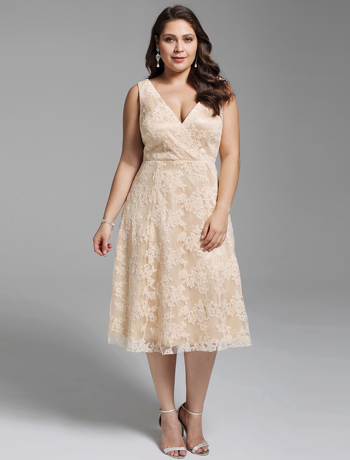 A-Line Wedding Dresses Tea Length Open Back Little White Dresses Regular Straps V Neck Lace With Sashes