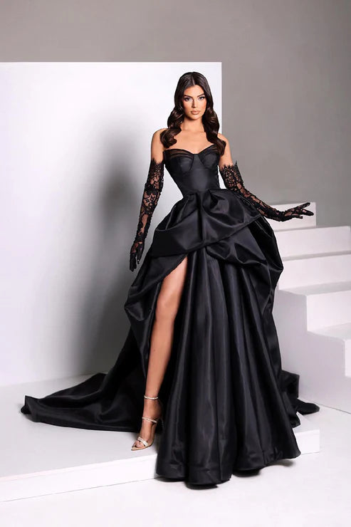 Ball Gown Sweetheart Side Slit Satin Pleated Long Formal Evening Gown
