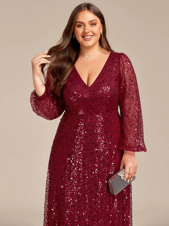 Plus Size V-Neck Lantern Long Sleeve Sequin A-Line Evening Dress/Prom Dresses