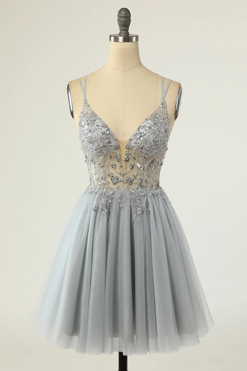 Gorgeous A Line Spaghetti Straps Grey Short Homecoming Dress with Beading