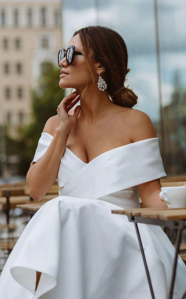 Buyishang A-Line Satin Tea Length White Off the Shoulder Wedding Dress