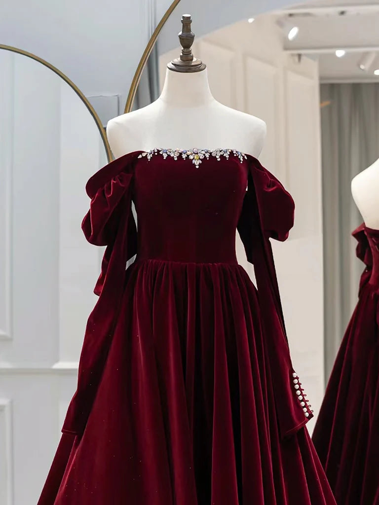 Buyishang A-Line Long Sleeves Velvet Burgundy Long Prom Dress Burgundy Long Evening Dress with Beads