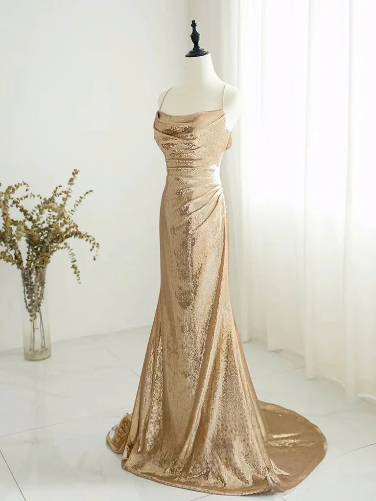 Buyishang Champagne Backless Sequin Long Prom Dress Sequin Champagne Long Evening Dress