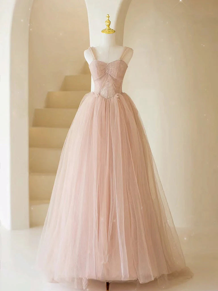 Buyishang A-Line Sweetheart Neck Tulle Lace Long Pink Prom Dress Pink Party Dress with Beads