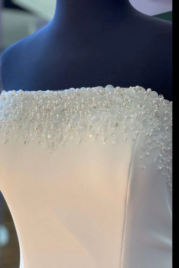 Buyishang White Beaded Satin Strapless Mermaid Long Wedding Dress