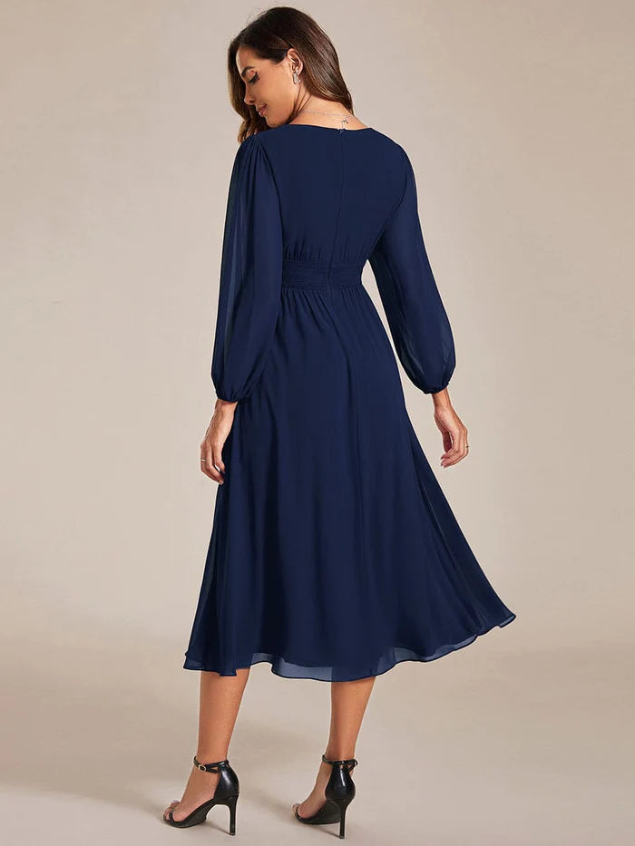 Chiffon V-Neck Long Sleeves  Band Midi Wedding Guest Dress