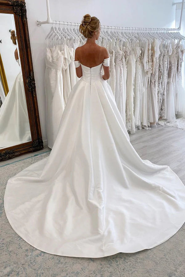 Buyishang Elegant A-Line Off the Shoulder White Satin Wedding Dresses