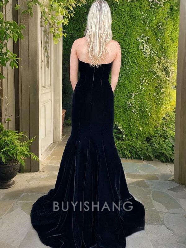 Buyishang Simple Trumpet/Mermaid Strapless Sweep Train Velvet Evening Dresses formal wear dresses