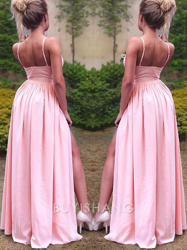 Buyishang Simple A-Line/Princess Straps Floor-Length Stretch Crepe Prom Dresses With Leg Slit formal wear dresses
