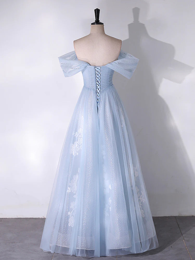 Buyishang A-Line Off Shoulder Tulle Lace Blue Long Prom Dress Blue Long Formal Dress