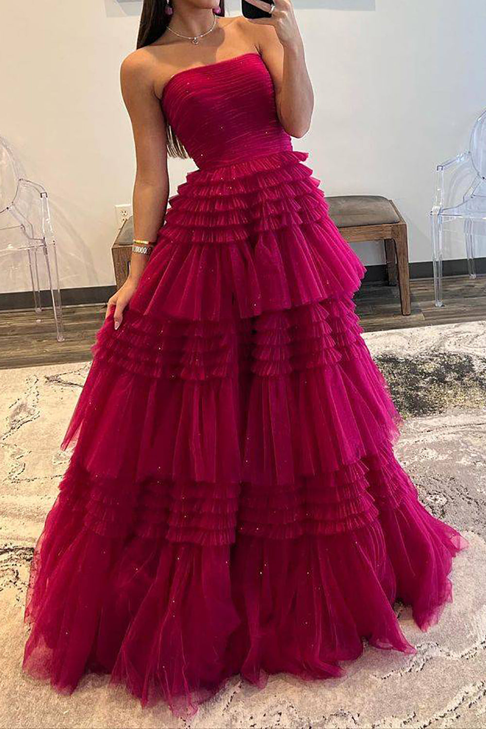 A Line Strapless Fuchsia Long Prom Dress with Ruffles