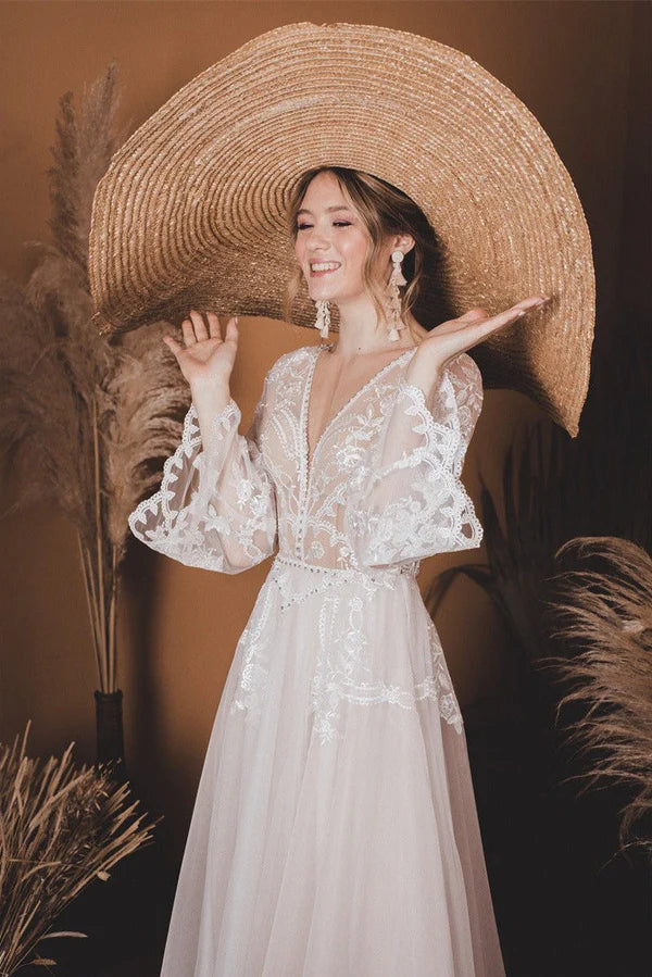 Buyishang A-Line Lace Top Flare Sleeves Open Back Wedding Dress