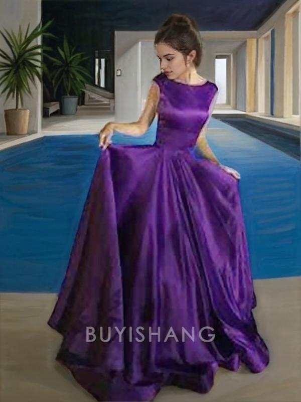Buyishang Simple A-Line/Princess Bateau Floor-Length Satin Prom Dresses With Ruffles formal wear dresses