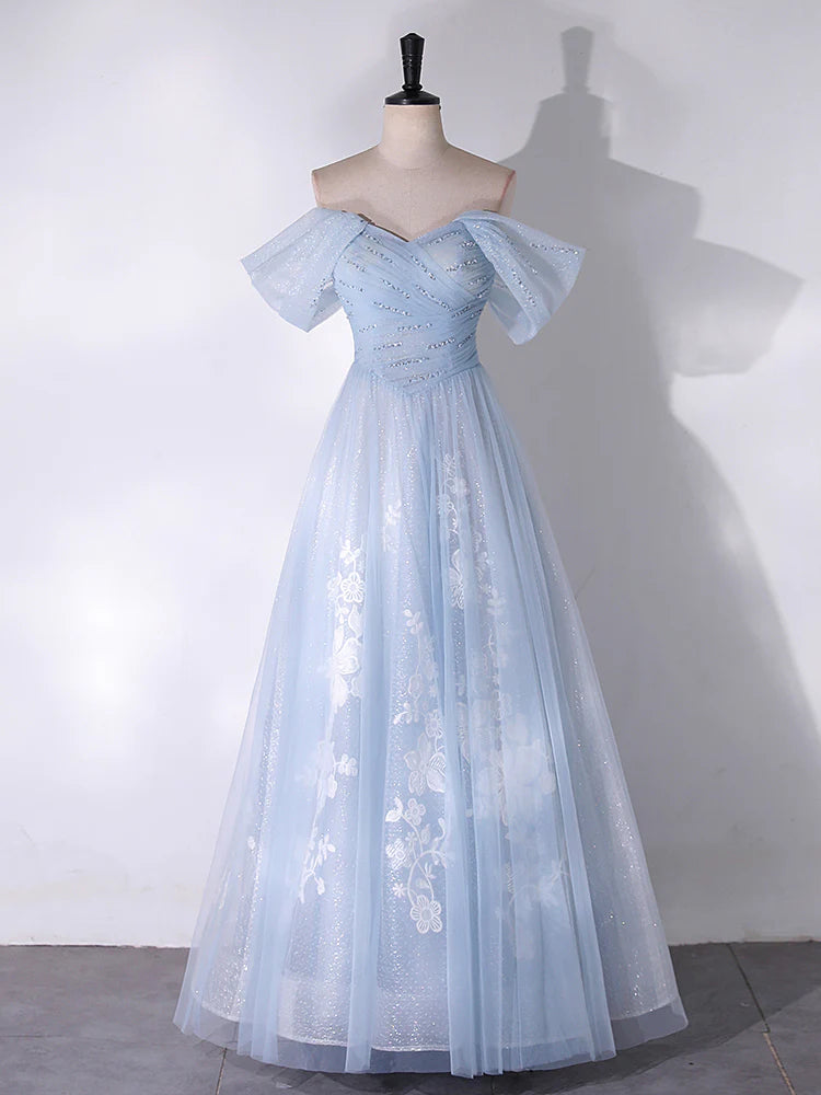 Buyishang A-Line Off Shoulder Tulle Lace Blue Long Prom Dress Blue Long Formal Dress