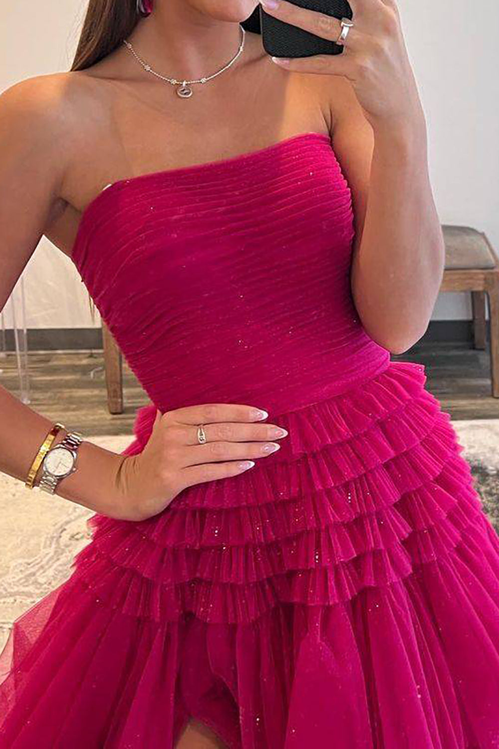 A Line Strapless Fuchsia Long Prom Dress with Ruffles