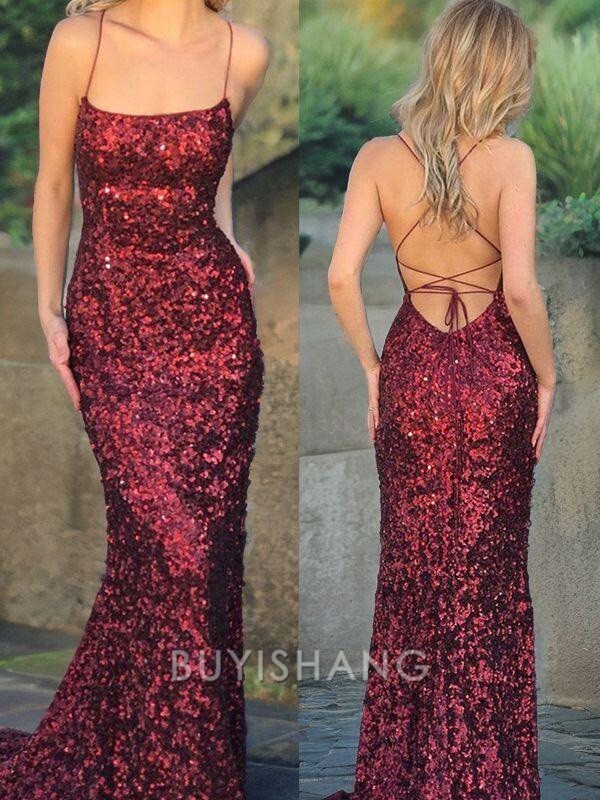 Buyishang Simple Trumpet/Mermaid Spaghetti Straps Sweep Train Sequins Evening Dresses formal wear dresses