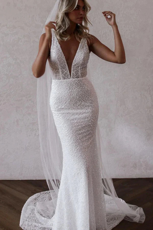 Buyishang Sparkly Mermaid V Neck Sequins Lace Long Wedding Dresses