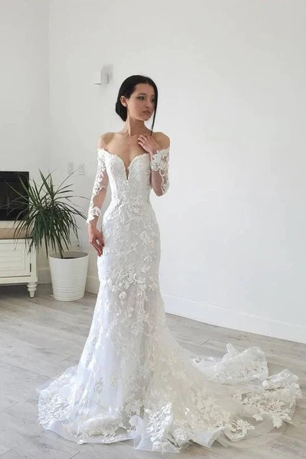 Buyishang Elegant Mermaid Long Sleeve Off the Shoulder Lace Wedding Dress