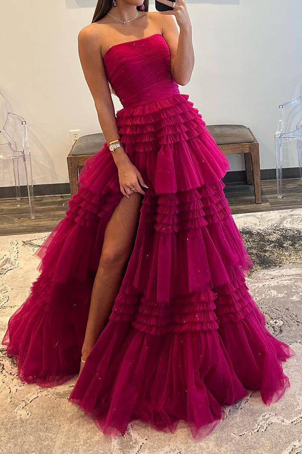 A Line Strapless Fuchsia Long Prom Dress with Ruffles