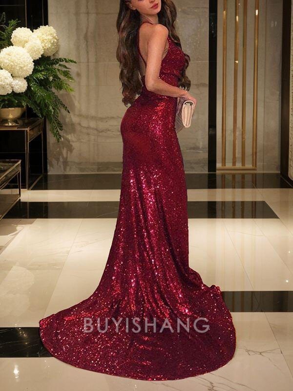 Buyishang Simple Trumpet/Mermaid V-neck Court Train Sequins Evening Dresses With Leg Slit formal wear dresses