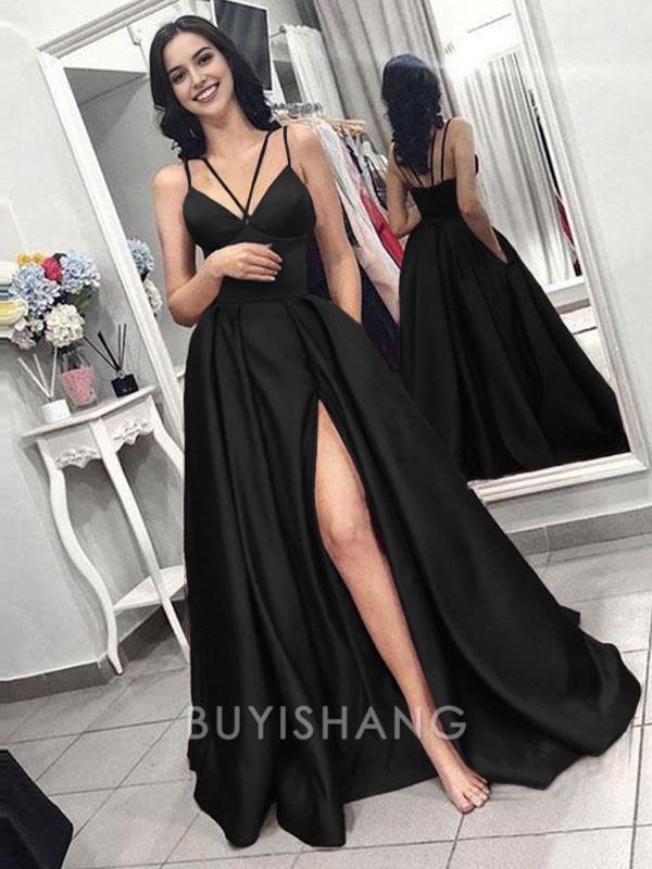 Buyishang Simple A-Line/Princess Spaghetti Straps Sweep Train Satin Evening Dresses With Pockets formal wear dresses