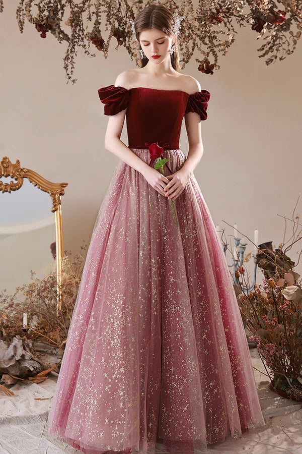 Cute Velvet Tulle Long Prom Dress A-Line Off the Shoulder Evening Dress