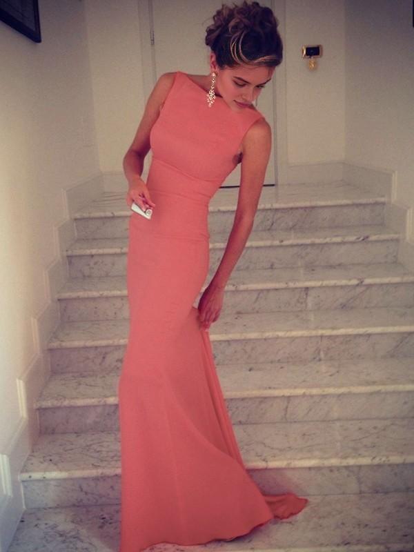 Buyishang Simple Trumpet/Mermaid High Neck Sweep Train Jersey Prom Dresses formal wear dresses