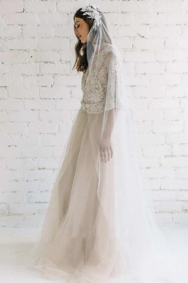 Buyishang Bateau Lace Half Sleeve A-Line Tulle Dress With Low-V Back