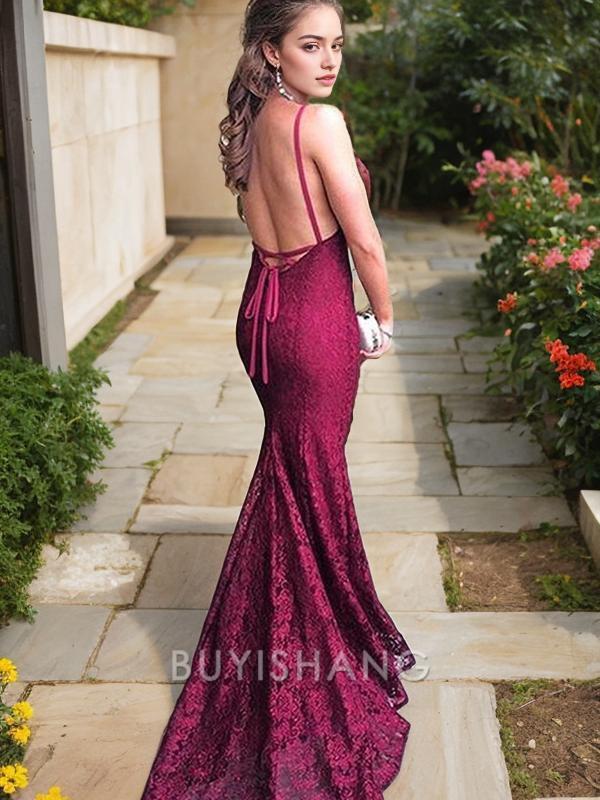 Buyishang Simple Trumpet/Mermaid V-neck Sweep Train Lace Evening Dresses formal wear dresses