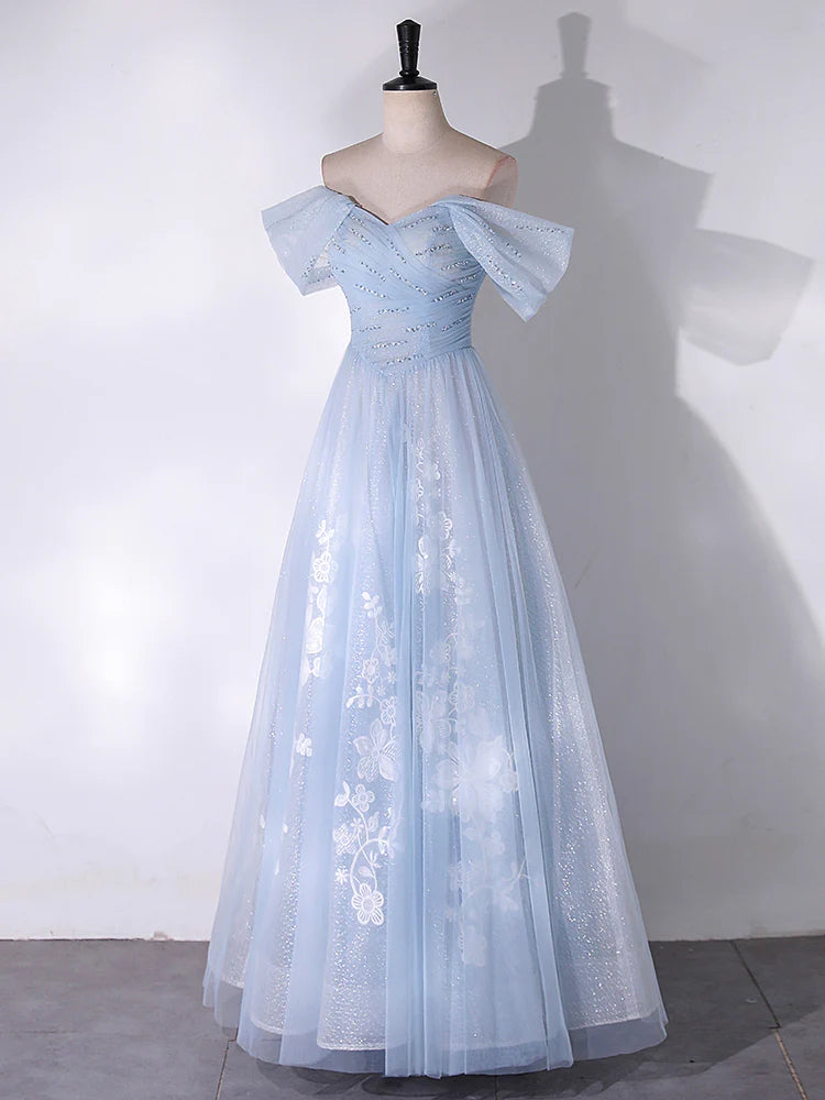 Buyishang A-Line Off Shoulder Tulle Lace Blue Long Prom Dress Blue Long Formal Dress