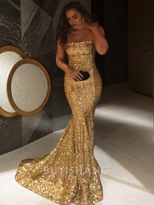 Buyishang Simple Trumpet/Mermaid Strapless Sweep Train Sequins Prom Dresses formal wear dresses