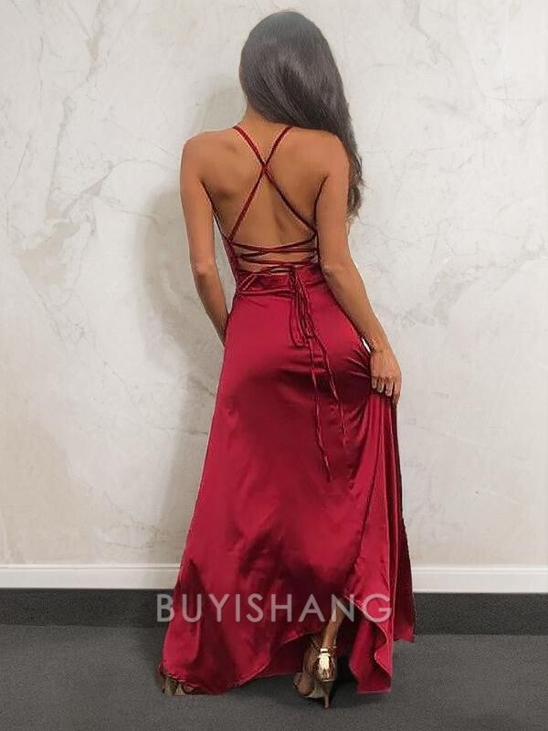 Buyishang Simple A-Line/Princess Spaghetti Straps Floor-Length Silk Like Satin Prom Dresses With Leg Slit formal wear dresses