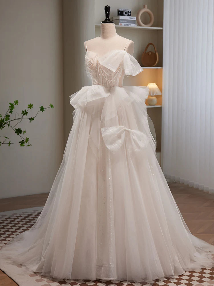 Buyishang Light Champagne Tulle Beading Long Prom Dress Light Champagne Formal Dress