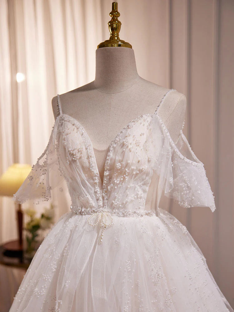 Buyishang Beige A-line Tulle Beading Long Prom Dress Beige Formal Dress