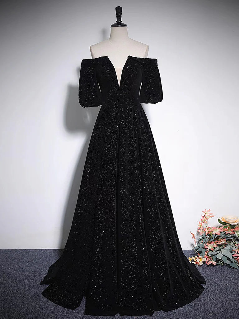 Buyishang A-Line V Neck Velvet Black Long Prom Dress Black Formal Evening Dress