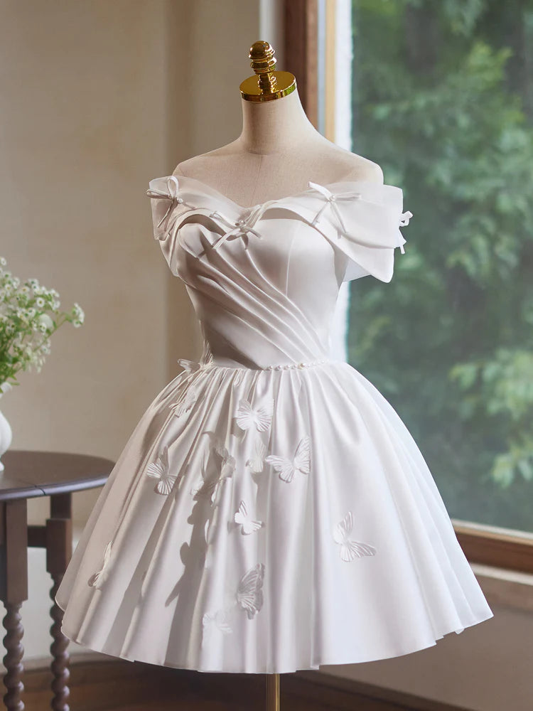 Buyishang Off Shoulder A-Line Satin White Short Prom Dress with Butterfly Applique